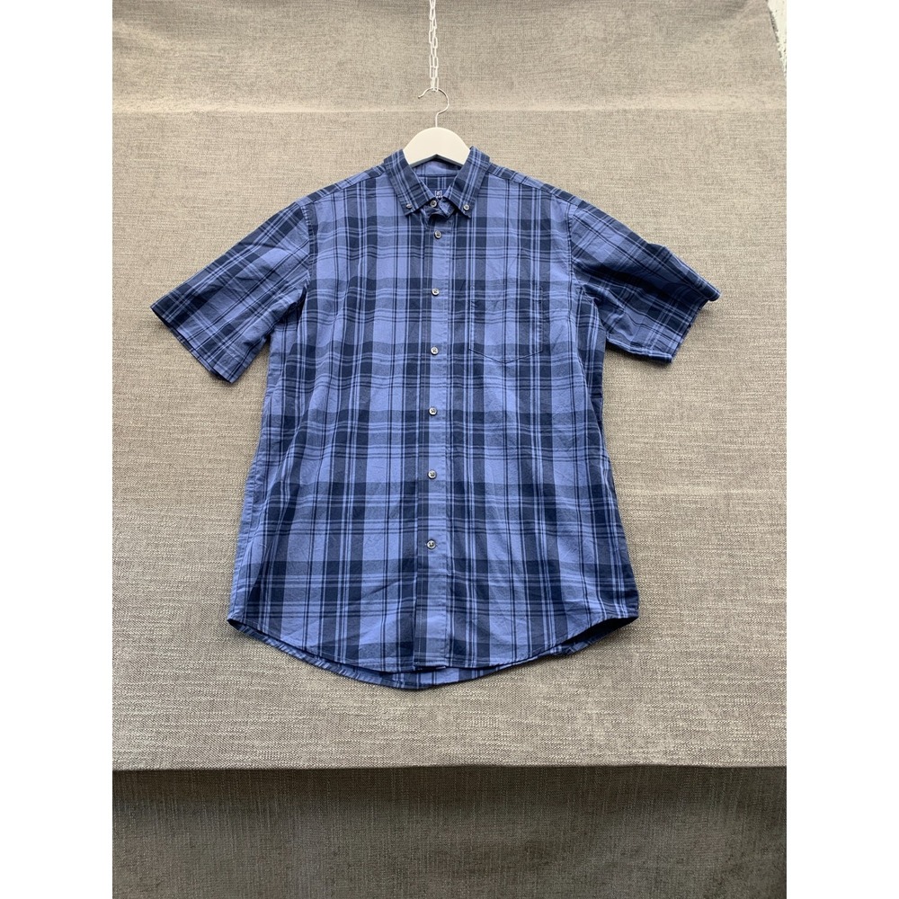 George Shirt Mens Medium Blue Plaid Curved Hem Office Classic Fit Button Down